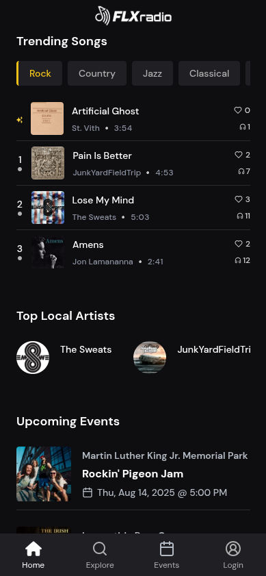FLX Music home screen showing trending songs from Finger Lakes bands across rock, country, jazz, and classical genres