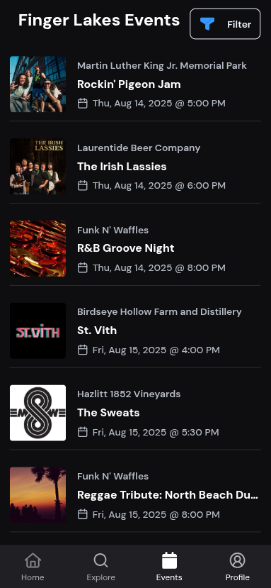 FLX Music Finger Lakes Events feed with live shows at Funk N' Waffles, Hazlitt 1852 Vineyards, and Birdseye Hollow Farm