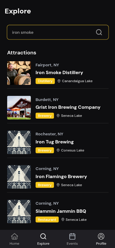 FLX Music Explore screen browsing Finger Lakes attractions including breweries and distilleries in Rochester, Corning, and Fairport, NY